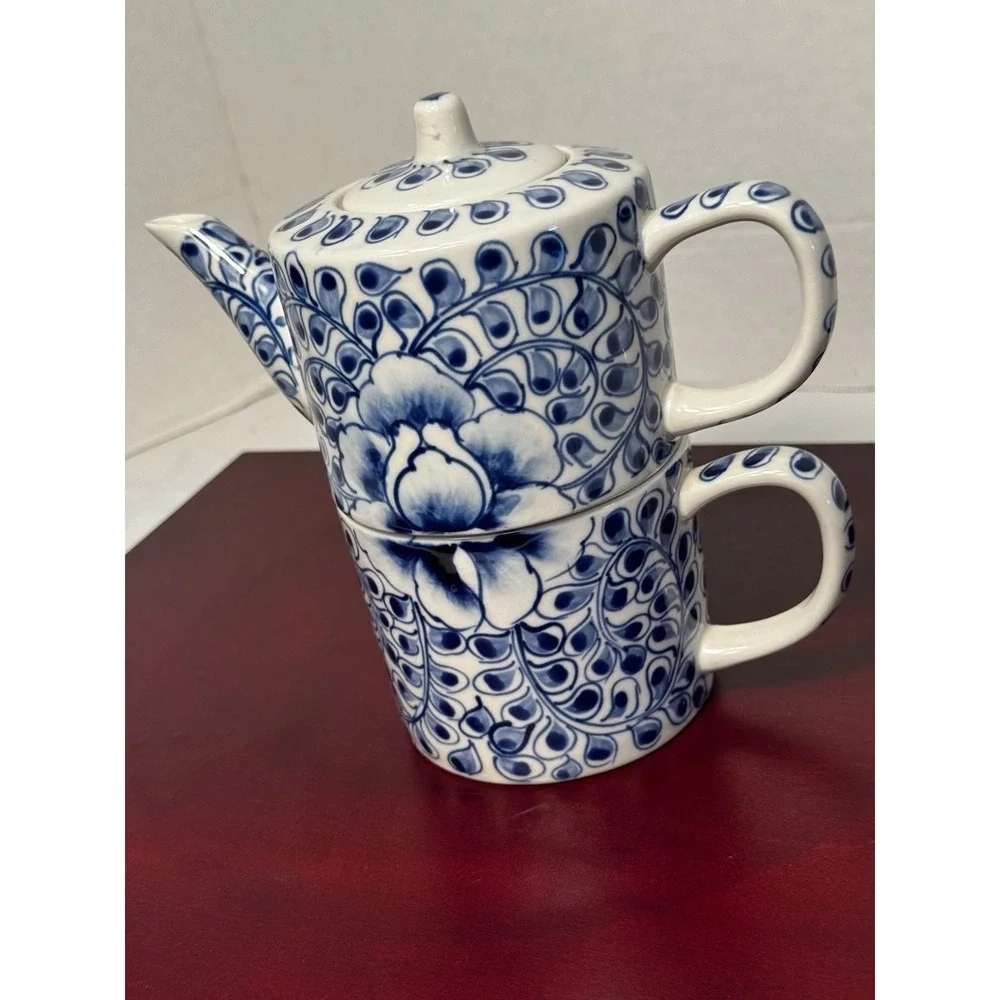 Blue and White Floral Tea-for-One Set Delft Style Tea Pot and Cup